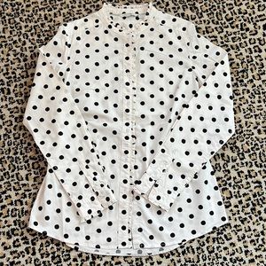 Boden White and Black Polka Dot Ruffle Detail Cotton Button Down Dress Shirt 6